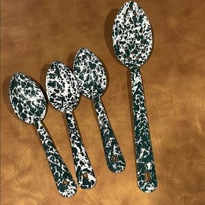 Enamelware Green and White Speckled Spoon Set; 1 slotted and 3 Large Tb. Size